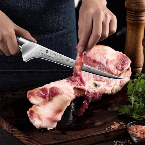 SANMEIHO Cuchillo Pescado de Acero en Polvo, Cuchillo Deshuesador Súper Afilado, Cuchillo Filetear Pescado de Acero con Carbono Extra Duro, Cuchillo de Filete con Mango Ergonómico de Madera de Pakka