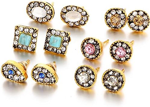 Fashion Shiny Crystal Beads Stud Earrings Round Color Enameling flower 6 Pairs/Set Earrings