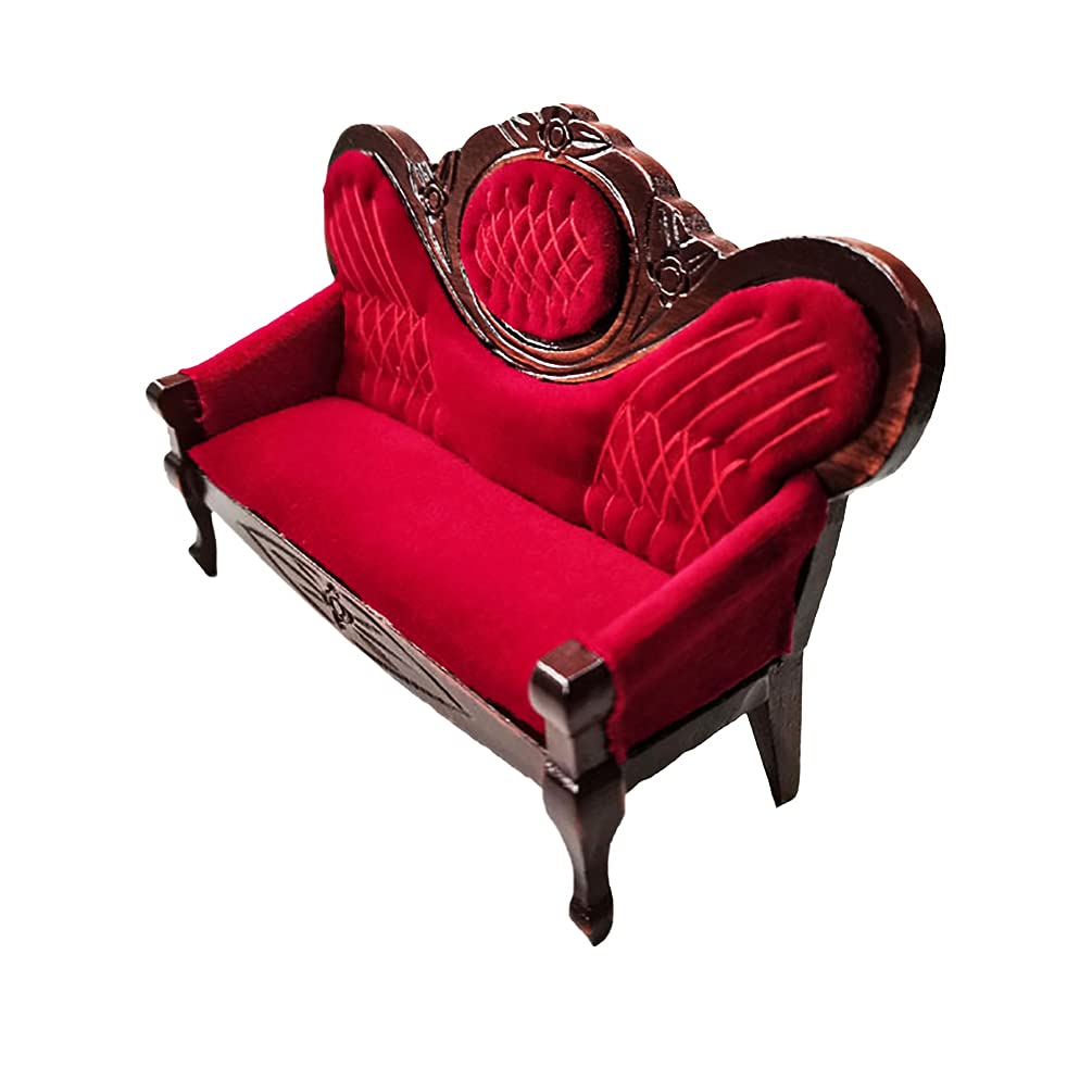 Photo 1 of 1:12 Miniature Mini House Furniture Vintage Red Wooden Carved Sofa for Miniature Accessories Furniture Decoration Birthday
