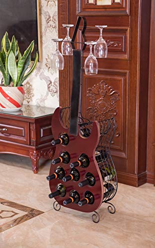 Vintiquewise-Decorative-Wine-Holder-Vintage-Wood-and-Metal-Guitar-Shaped-9-Bottle-Freestanding-Large-Red