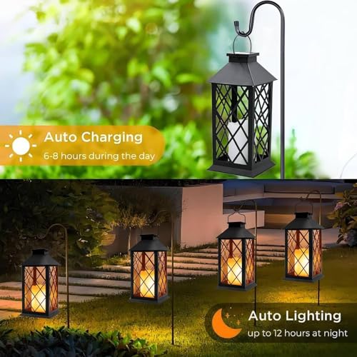 Yowin 2 x 35 cm Large Solar Garden Lantern with Candle, Tempered Glass, Waterproof Table Lamp Hanging Lamp, Solar Outdoor for Balcony Garden – Black