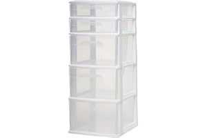 HOMZ 5-Drawer Storage Cart, Clear Plastic Drawers, 14.25" Wide Medium, White Frame - Organizing Drawer Containers for Home, Bathroom, Bedroom, Office, and Classroom
