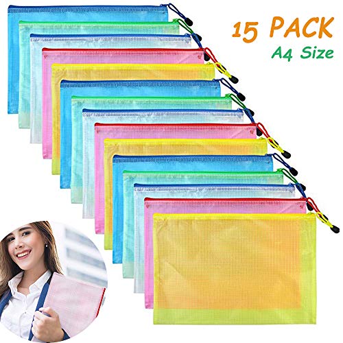 15 Pack A4 Size Waterproof Zipper File Bags,5 Colors Plastic Zip Document Filing Folder for Office Organization,Stationery,Puzzle Storage - Thumbnail 5