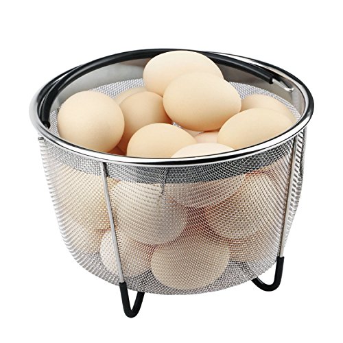 Instant Pot Steamer Basket 6 Quart 8 Quart + Free Cooker Times and Diswashing Sponge,304 Stainless Steel Steamer Insert with Silicone Covered Handle, Great for Steaming Vegetables Fruits Eggs