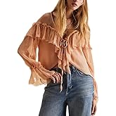 Boho Lace Bow Tie Front Top for Women Cute Sheer Ruffle Flowy Long Sleeve Shirts Coquette V Neck Button Down Blouse