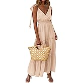 PRETTYGARDEN Women's Cross Neck Spring Sleeveless Tiered Maxi Dress Beach Tie Strap Smocked Long Dresses Pleated Sundress