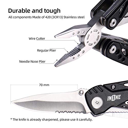 INONE 12-in-1 Multitool Utility Folding Pocket Knife with Blade, Saw, Pliers, Screwdriver, Bottle/Can Opener, Great for Home, Outdoor Survival, Car set, Self Defense, Camping, Hiking, Fishing