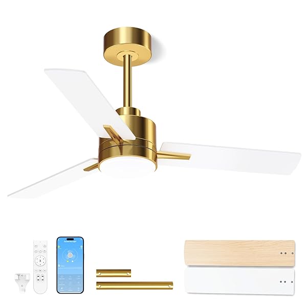 LANMEL 42” CEILING FAN WITH LIGHTS AND REMOTE, LOW PROFILE MODERN CEILING FAN GOLD, 6 SPEED, REVERSIBLE, 3000K-6000K LED, QUIET DC MOTOR FOR INDOOR OUTDOOR BEDROOM LIVING ROOM