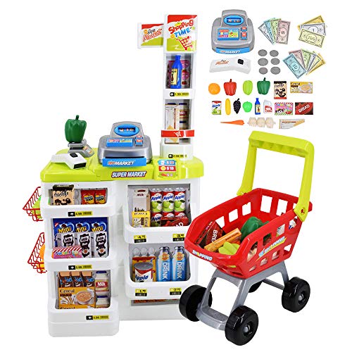 deAO SPMW Kinder-Supermarkt-Spielset mit Einkaufswagen und über 20 Spiel-Lebensmittel-Zubehör, Mehrfarbig