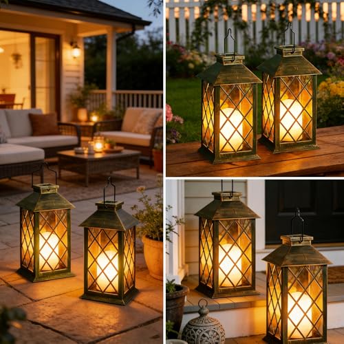 Joycome Outdoor Lanterns 2 Pieces Solar Garden Lantern with Flickering Candles, Solar Lamp Hanging Waterproof Table Lamps for Terrace Balcony Decorations – Copper