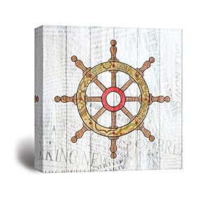 Square Canvas Wall Art - Rustic Sailing Themed Wooden Ship Captain Steering Wheel on Wood Background - Giclee Print Gallery Wrap Modern Home Art Ready to Hang - 12x12 inches