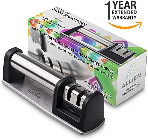 Kitchen Knife Sharpener - 2-Stage Knife Sharpening Tool Helps Repair Dull Stainless Steel Blades - Restore Straight Serrated Knives for Chef - Anti-Slip base