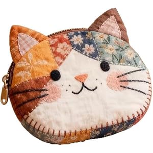 Patchwork Cat Small Wallet for Girls Portable Faric Cute Kitten Cion Purse Change Pouch with Zipper Little Tiny Travel Wallet