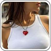 Xduargs Boho Large Heart Necklace Choker Black Leather Cord Necklace Red Heart Necklace Chain Glass Heart Pendant Necklace for Women