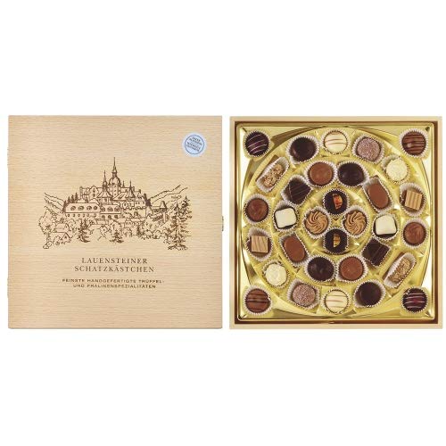 Lauensteiner Schatzkästchen | 400g Trüffel und Pralinen | 32 Pralinen ohne Alkohol | Geschenk in Buchenholzbox