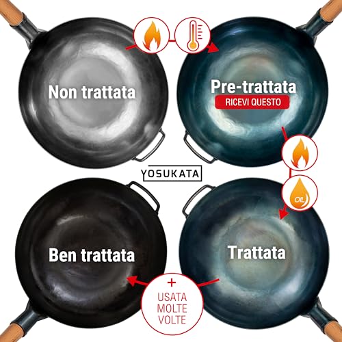 YOSUKATA Professional Wok Pan 34 cm – Traditional Wok Carbon Steel Blue Pre-Conditioned Flat Bottom – Original Chinese Frying Pan – Suitable for Electric Induction Gas and Open Fire
