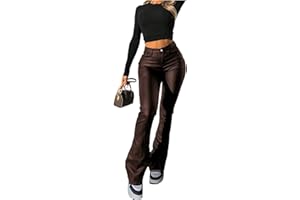 WDIRARA Women's PU Leather High Waisted Bell Bottom Flare Pants Party Club Streetwear
