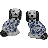 Aimusego Blue Chinoiserie Statue Ceramic Dog Figurine Animal Decorative, Hand Painted Porcelain Dog Sculpture fo Home D&eacute;cor Living Room Bedroom Entrance Bathroom Cabinet -Pair of 2