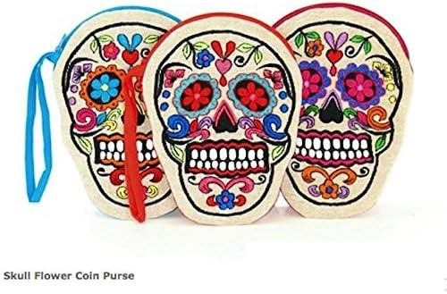 Indigo Desert Ranch - Day of the Dead Embroidered on Linen Sugar Skull Coin Purse - Assorted Colors Sold Individaully