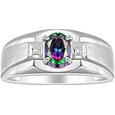 Rylos Men's Rings Classic Design 7X5MM Oval Gemstone & Sparkling Diamond Ring - Color Stone Birthstone Rings for Men, Sterling Silver Rings in Sizes 8-13.
