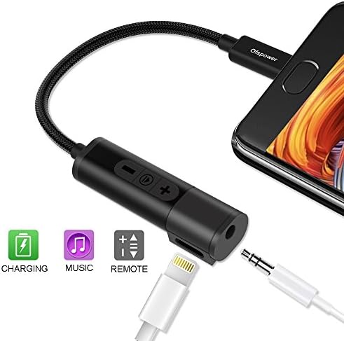 Lightning to 3.5 mm Headphone Jack Adapter, Ofspower 2 in 1 Lightning to 3.5mm Aux Audio and Charger Adapter with Music Control for iPhone 7/7 Plus/8/8 Plus/X