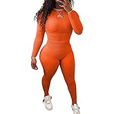 HBQ Women Two Piece Outfits Workout Sets Ribbed Casual Jogging Suits Long Sleeve Tracksuits,S,Orange Solid