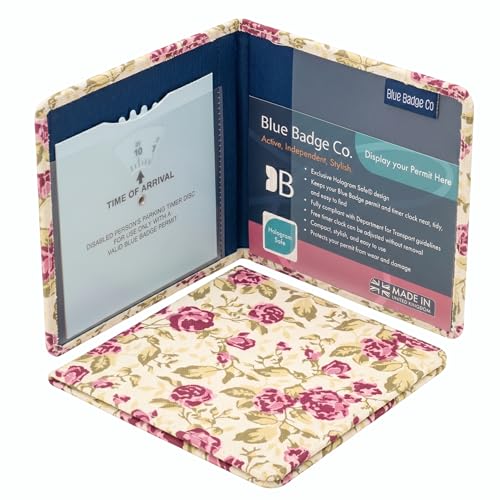 Blue Badge Co Print Purple Rose Print Fabric Hologram-Safe Wallet Disabled Parking Permit Cover Holder Fits New Badge Includes Timer Clock Made in the UK — image 1