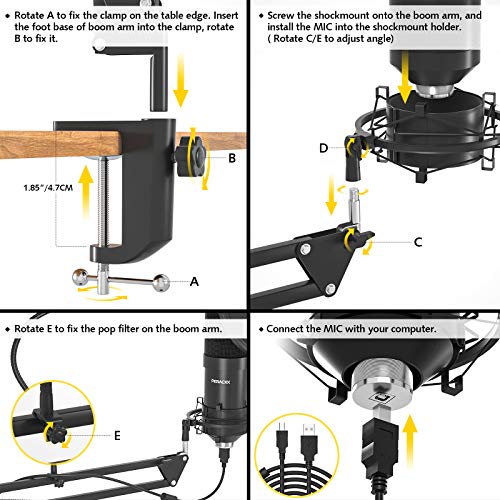 USB Micrófono de Condensador,Microfono para Micro Pc,Microphone con Soporte Microfono,Microfono Profesional, Microfonos para Grabar Brazo Microfono