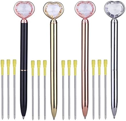 Heart Shape Diamond Pen Diamond Crystal Pen, Ballpoint Pen, Office Supplies, Wedding Gift Black In, Different Colors+Extra 12Pcs 3.2'' Ballpoint Pen Refills (4Pcs Heart Shape Diamond Crystal Pen)