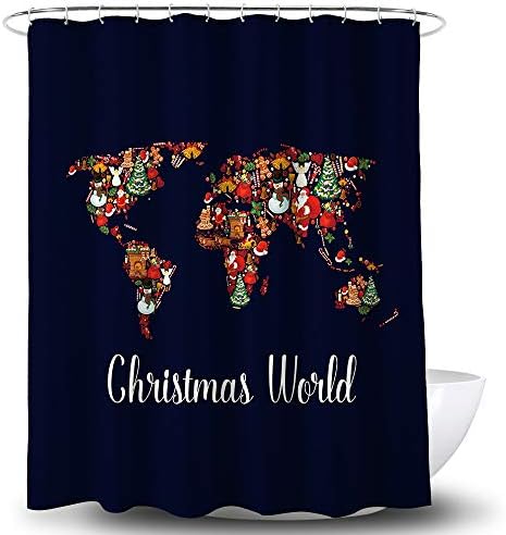 Ao blare Christmas World Map Night Santa Claus Christmas Tree Gift Theme Thicken Polyester Fabric Waterproof Coating Bathroom Decor Shower Curtain with Hooks 72X72 Inches