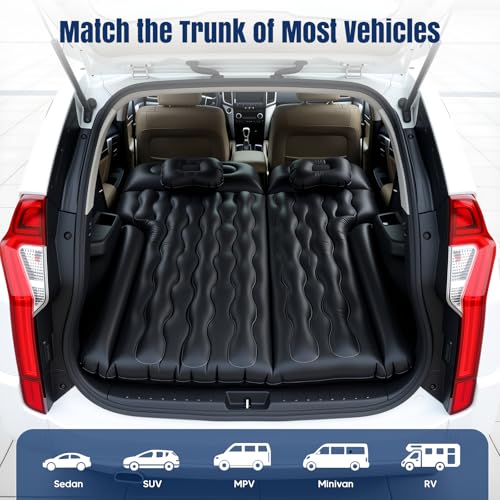 Inflatable Car Mattress, Camping SUV Mattress for Boot and Rear Bench, 12V Pump Included + 2 Pillows, 2 Fillers, Soft Waterproof Flocked Surface, Suitable for Car RV MPV Van