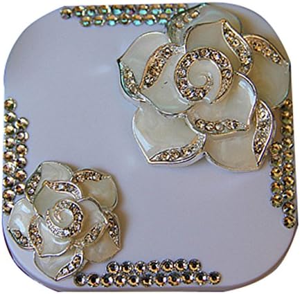 DIY Handmade Camellia Rhinestone Bling Design Contact lenses Case Mini Fashion Portable Travel for Eye Care Box With Mirror Holder (WHITE)