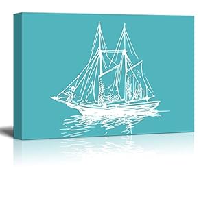 Canvas Wll Art - Sailing Ship/Boat on Teal Ocean Theme Background - Giclee Print and Stretched Gallery Wrap | Modern Home Art Ready to Hang - 12"x18"