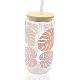 Stylish Glass Cups with a Bamboo Lid and Plastic Straw - Sandpiper Ink - Perfect Gift - Iced Tea, Drinking Cup (Clear 16oz, Monstera Leaf)