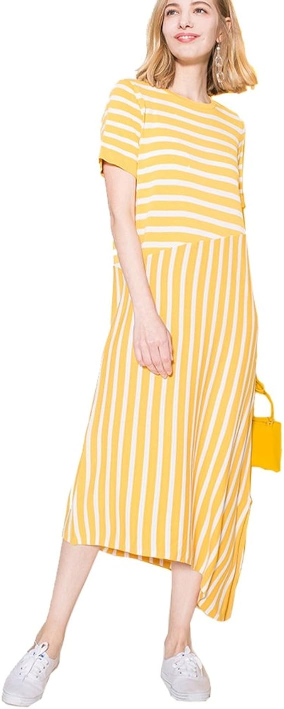 Amazon ユースウェア ワンピース ストライブ 黄 ネイビー ニット生地 カジュアル 着痩せ 半袖 マキシ丈 普段着 通勤 リゾート レディース ガールズ ドレス ワンピース チュニック 通販