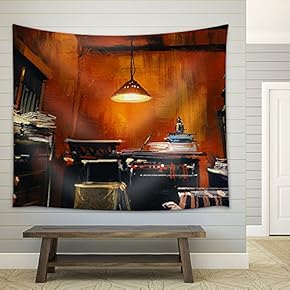 Old Vintage Workspace in Orange Room,Digital Painting - Fabric Wall Tapestry Home Decor - 51x60 inches