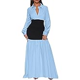 Ekaliy Women's Puff Long Sleeve Shirt Dress Elegant Button Down Loose Swing Party Maxi Dress