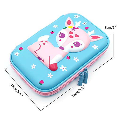 3D Cute Deer Hardtop Pencil Case - Kids Large Colored Pen Holder Box With Compartments - Girls Cosmetic Pouch Bag Stationery Organizer (Light Blue) - Thumbnail 2