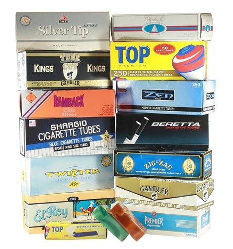 MYO/RYO Cigarette Tube Sampler - Blue/LIGHT King Size - 13 Boxes with Free Top Brand Cigarette Tube Injector and Two King Size Flip-Top Plastic Storage Cases