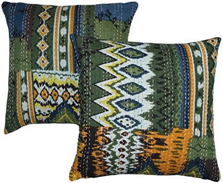 Agasvi Cotton Olive Ikat Kantha Embriodery Decorative Throw Pillow Cushion Cover 18x18 Inch Set of 2