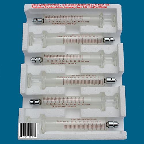 Glass Syringe (Per Pack 6), 10 ml Glass Syringe, or Industrial Glass Syringes, or Laboratory Glass Syringes w/0.2 ml Nylon Film Label Graduation. P/N: 130-4510-X006-NL
