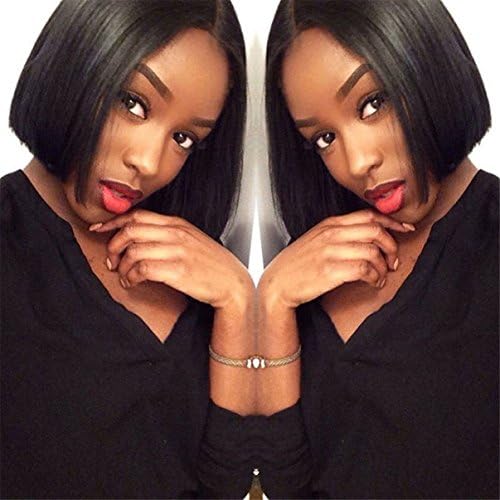 Highlight Natural Black Straight Heat Resistant Synthetic Hair Women Full Fringe Short Bob None Lace Wigs