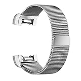 Fitbit Charge 2 Band, Milanese Fully Magnetic Closure Clasp Mesh Loop Stainless Steel Metal Bracelet Strap with Unique Magnet Lock, No Buckle Needed for Fitbit Charge 2 HR & Edition (Silver)