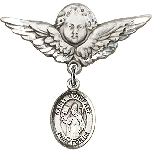Sterling Silver Baby Badge with St. Boniface Charm and Angel w/Wings Badge Pin 1 1/8 X 1 1/8 inches