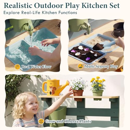 Lehoo Castle Wooden Outdoor Mud Kitchen for Children, Play Kitchen with Real Sink Kitchen Accessories, Garden Toy for Cooking, Casting, Sensory Play, Montessori Learning Toy from 3 Years