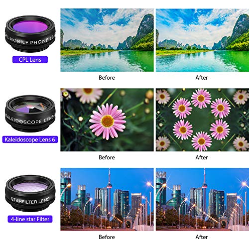 Phone Camera Lens,10 in 1 Cell Phone Lens Kit 0.63 Wide Angle Lens+0.36 Wide Angle Lens+198°Fisheye Lens+20X Macro Lens+15X Macro Lens+Star Filter+CPL+Kaleidoscope Lens+Telephoto Lens+Flow Filter - Thumbnail 2