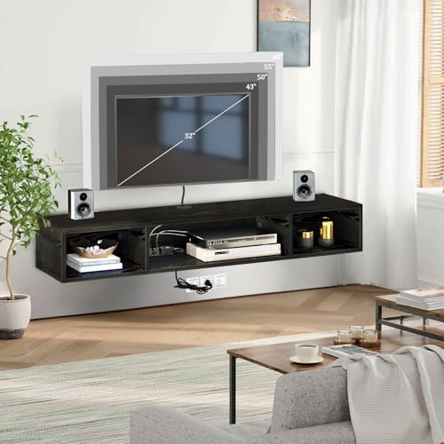 WELIKERA Mueble para TV 70 Pulgadas con Luces RGB, Repisas Flotantes de Pared para TV con Toma de Corriente, Almacenamiento Debajo para Salón, Dormitorio, Negro