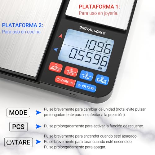 Vantisan Báscula digital de doble plataforma para cocina y alimentos,Báscula para Alimentos 0.3 g/5 kg y 0,03 g/500 g,Utilizable con Carga USB y Batería (incluida),acero inoxidable
