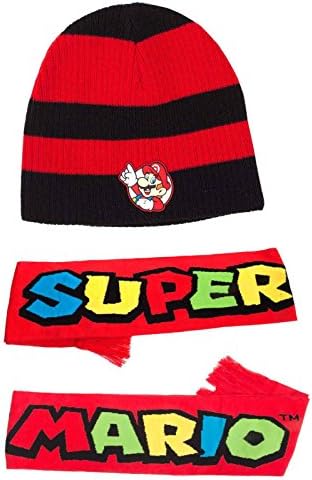 Super Mario Beanie Hat and Scarf Set Striped Mario Patch Logo Official Nintendo