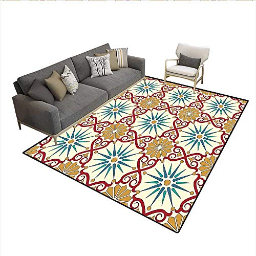 Floor Mat,Eastern Sacred Geometry Art Figures with Classical Damask Ornate Elements Image,13704D Printing Area Rug,Mustard Beige 6'x9'
